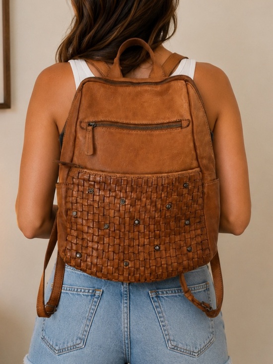 zOa Handbags - ZOA Genuine Leather Woven Backpack Cognac Brown Studded Boho Bag